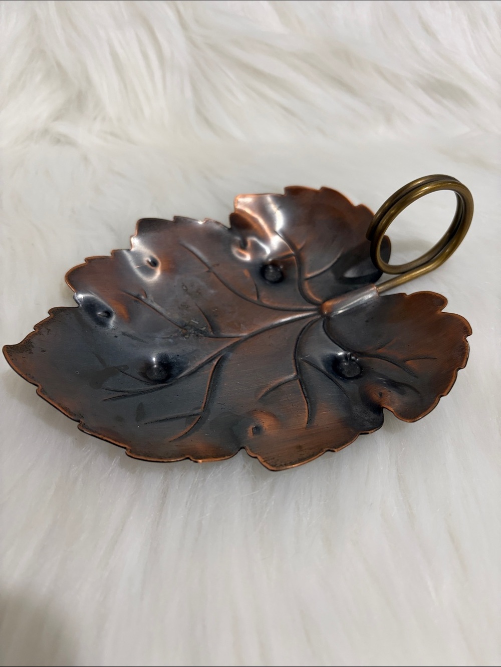 Decorative Copper Leaf Trinket Dish with Brass Handle